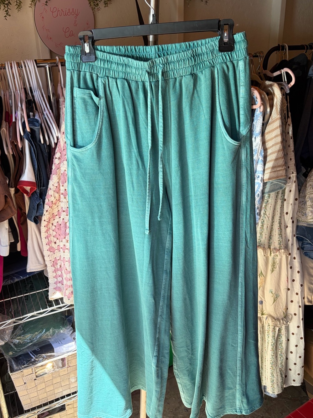Zenana Teal Cotton Washed French Terry Wide Leg Pants S M L - Picture 4 of 5